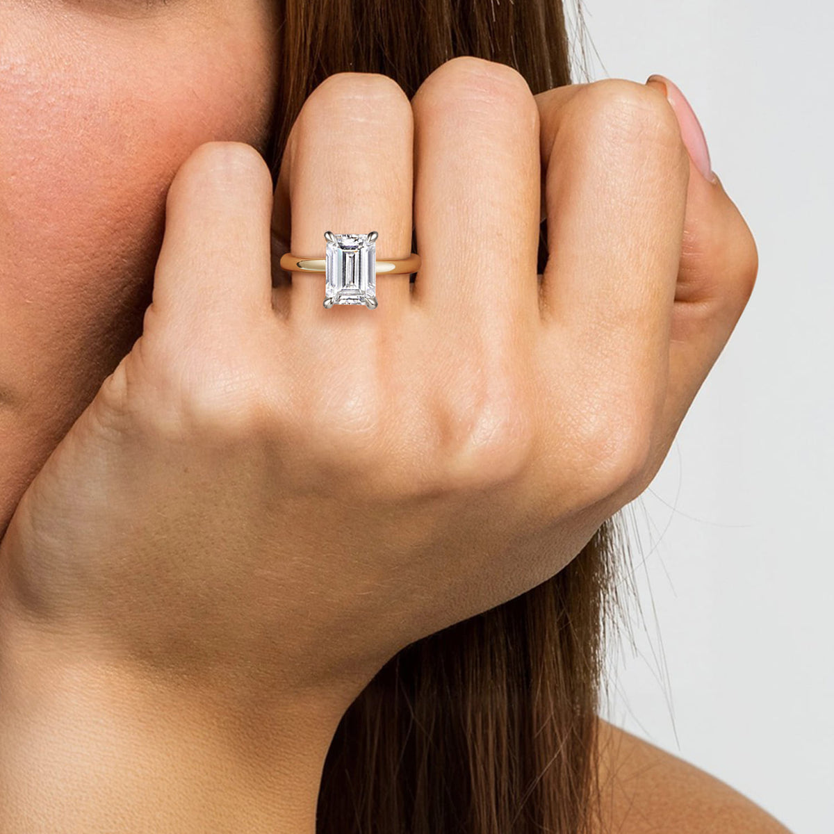 14K White-Yellow Gold Emerald Cut Solitaire Diamond Engagement Ring — Gabriel & Co. ER16571E12M4JJJ; center stone shown for illustration, not included