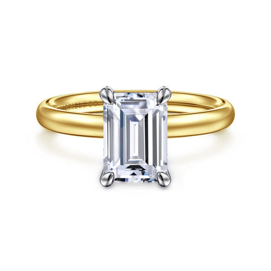 14K White-Yellow Gold Emerald Cut Solitaire Diamond Engagement Ring — Gabriel & Co. ER16571E8M4JJJ; center stone shown for illustration, not included