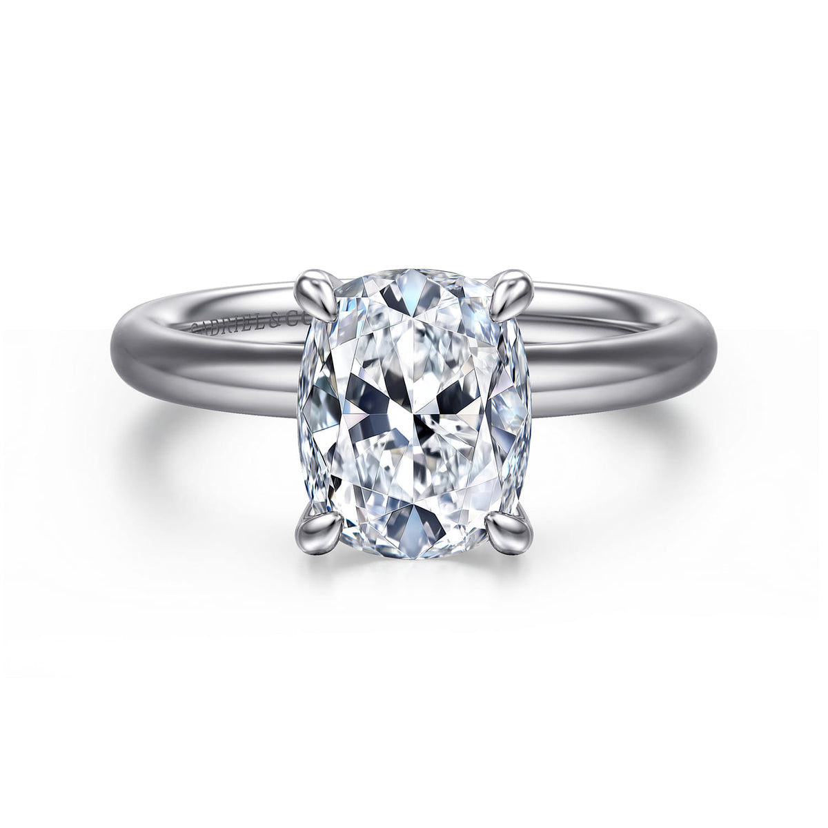 14K White Gold Elongated Cushion Solitaire Diamond Engagement Ring — Gabriel & Co. ER16571G10W4JJJ; center stone shown for illustration, not included