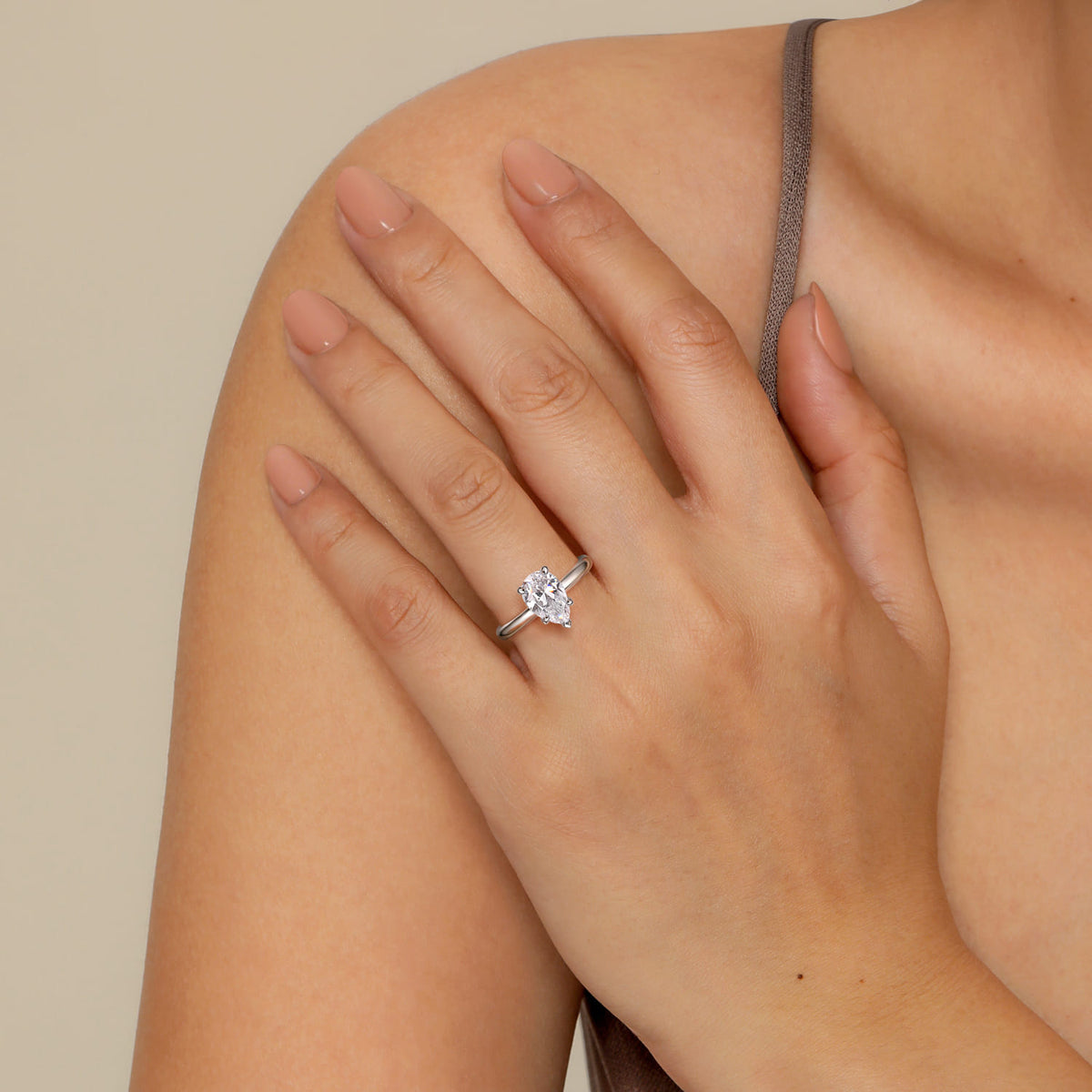14K White Gold Pear Shape Solitaire Diamond Engagement Ring — Gabriel & Co. ER16571P8W4JJJ; center stone shown for illustration, not included