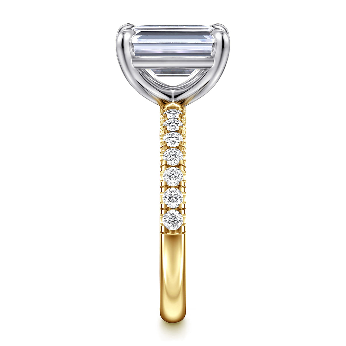 14K White-Yellow Gold Emerald Cut Diamond Engagement Ring — Gabriel & Co. ER16572E12M44JJ; center stone shown for illustration, not included