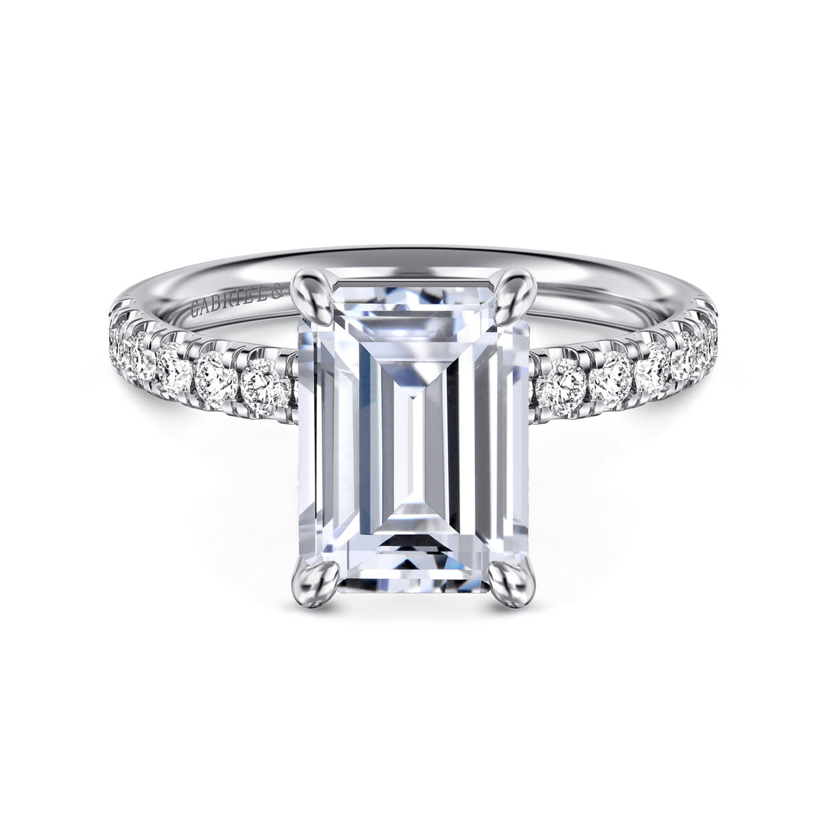 14K White Gold Emerald Cut Diamond Engagement Ring — Gabriel & Co. ER16572E12W44JJ; center stone shown for illustration, not included