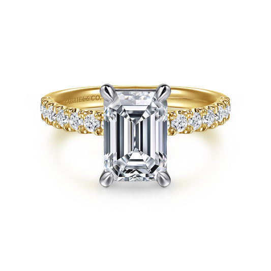 14K White-Yellow Gold Emerald Cut Diamond Engagement Ring — Gabriel & Co. ER16572E8M44JJ; center stone shown for illustration, not included