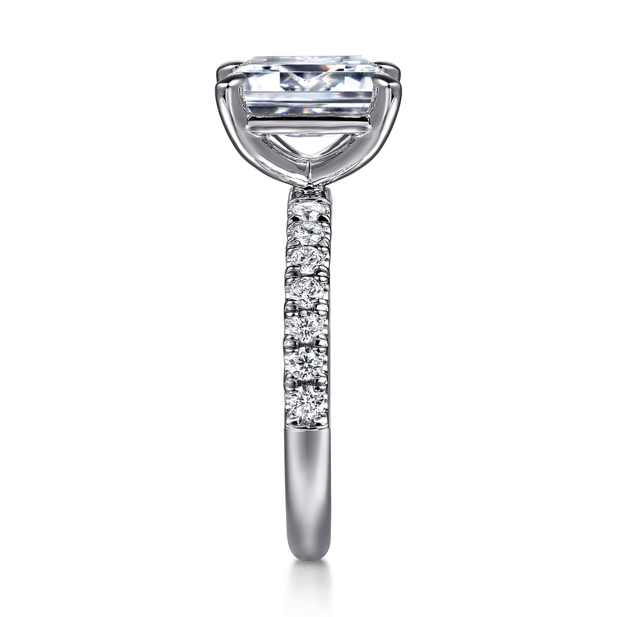 14K White Gold Emerald Cut Diamond Engagement Ring — Gabriel & Co. ER16572E8W44JJ; center stone shown for illustration, not included