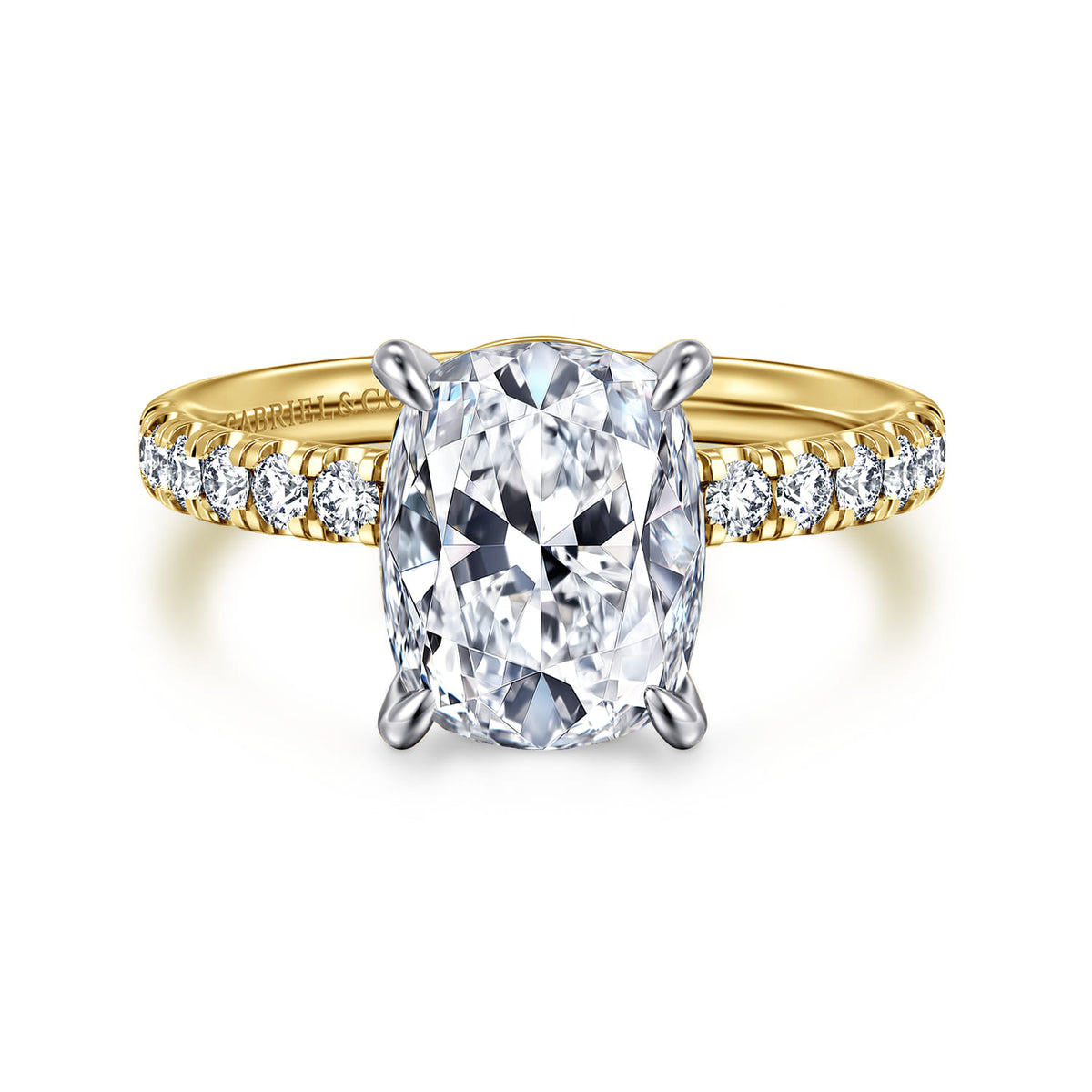 14K White-Yellow Gold Elongated Cushion Diamond Engagement Ring — Gabriel & Co. ER16572G12M44JJ; center stone shown for illustration, not included