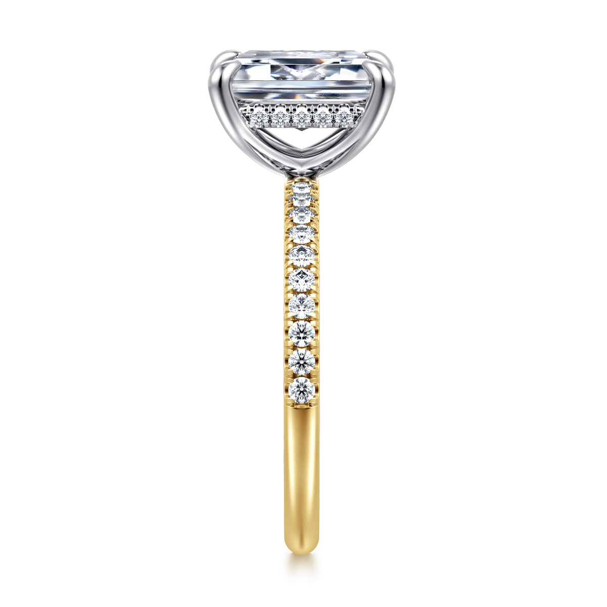 14K Yellow-White Gold Emerald Cut Hidden Halo Diamond Engagement Ring — Gabriel & Co. ER16620E8M44JJ; center stone shown for illustration, not included