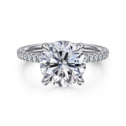 14K White Gold Round Hidden Halo Diamond and Engagement Ring — Gabriel & Co. ER16620R12W44JJ; center stone shown for illustration, not included