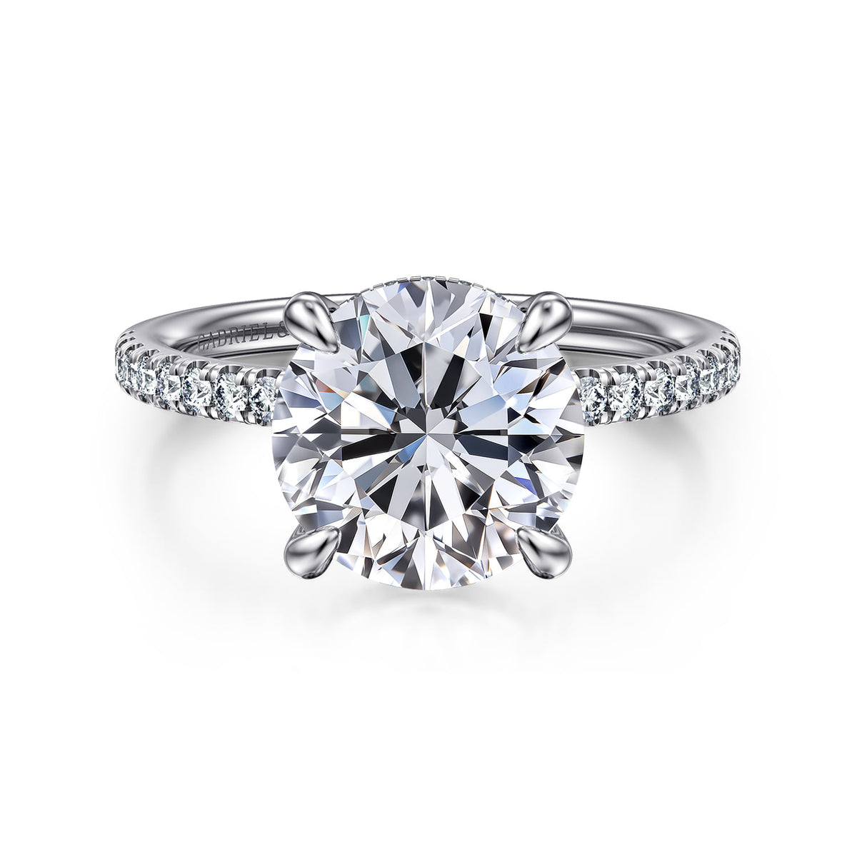 14K White Gold Round Hidden Halo Diamond and Engagement Ring — Gabriel & Co. ER16620R12W44JJ; center stone shown for illustration, not included