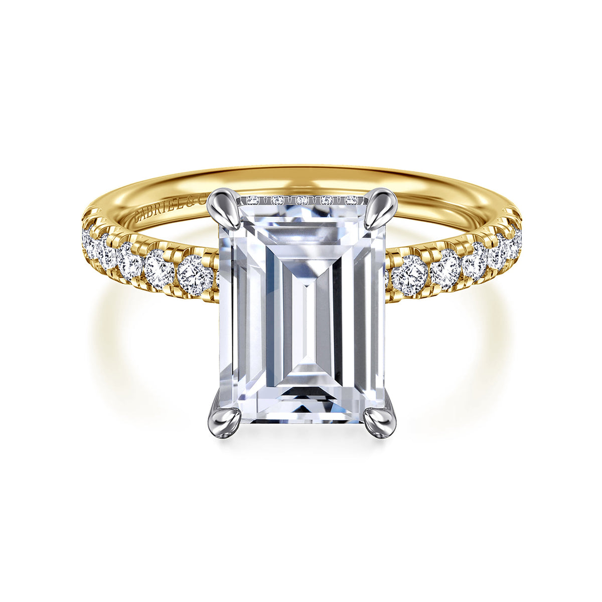 14K White- Yellow Gold Emerald Cut Hidden Halo Diamond Engagement Ring — Gabriel & Co. ER16621E12M44JJ; center stone shown for illustration, not included