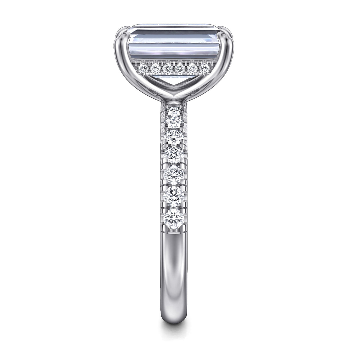 14K White Gold Emerald Cut Hidden Halo Diamond Engagement Ring — Gabriel & Co. ER16621E12W44JJ; center stone shown for illustration, not included