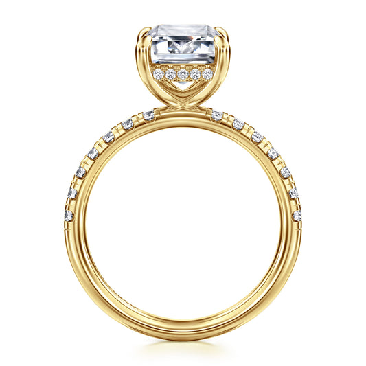 14K Yellow Gold Emerald Cut Hidden Halo Diamond Engagement Ring — Gabriel & Co. ER16621E12Y44JJ; center stone shown for illustration, not included