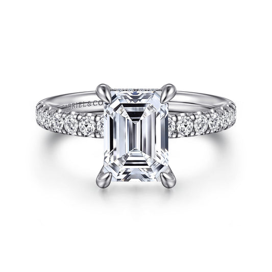 14K White Gold Emerald Cut Hidden Halo Diamond and Engagement Ring — Gabriel & Co. ER16621E8W44JJ; center stone shown for illustration, not included