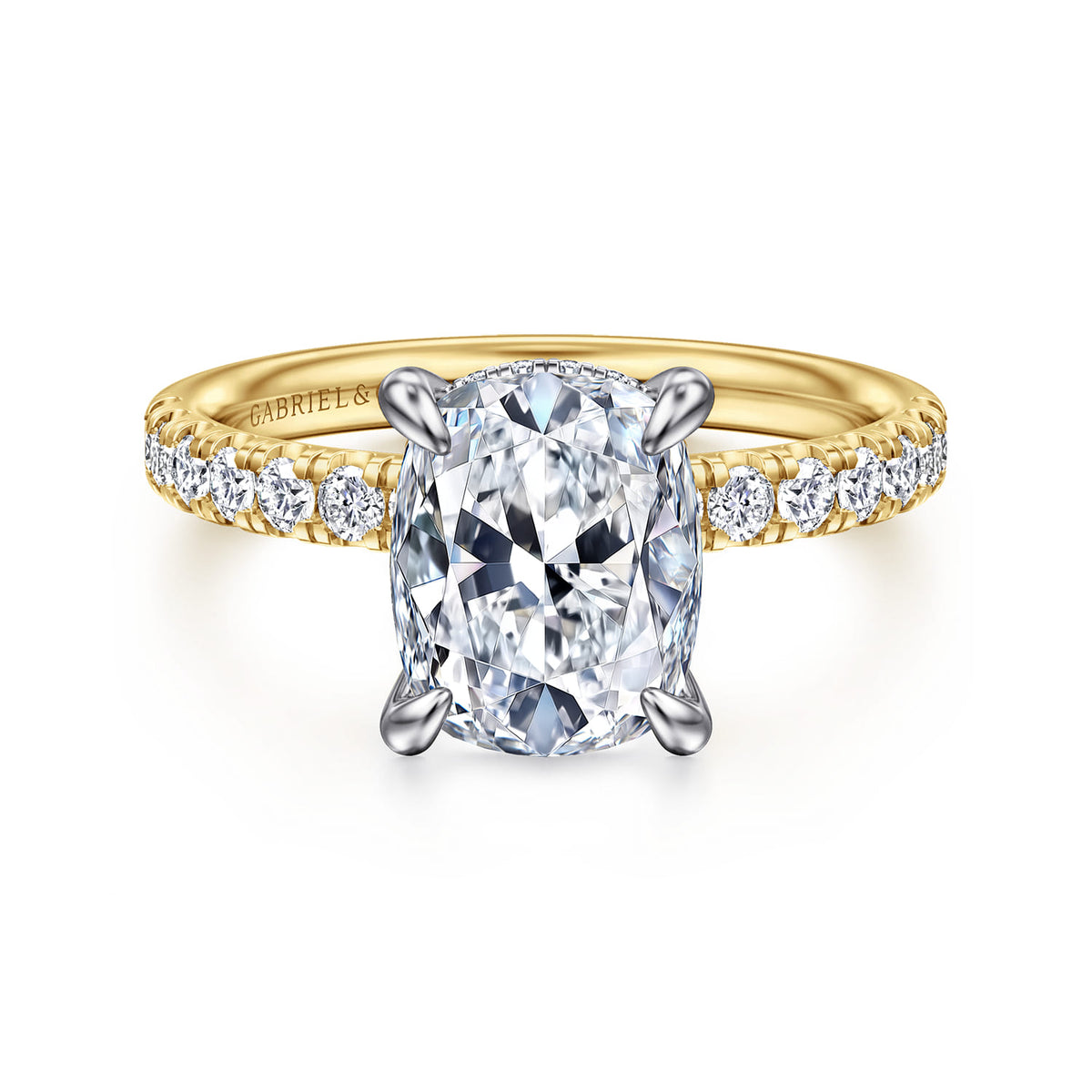 14K White-Yellow Gold Elongated Cushion Hidden Halo Diamond Engagement Ring — Gabriel & Co. ER16621G10M44JJ; center stone shown for illustration, not included