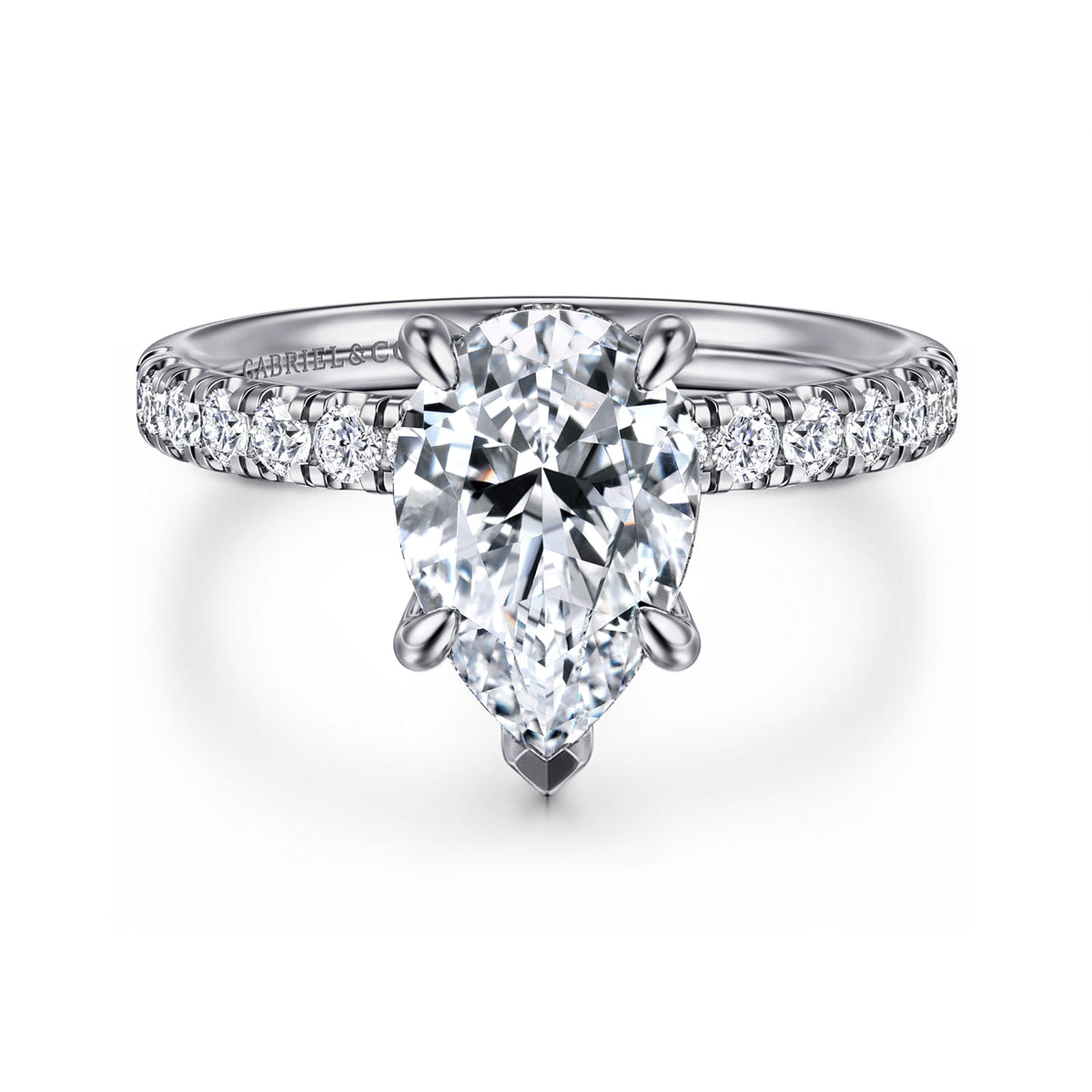 14K White Gold Pear Shape Hidden Halo Diamond Engagement Ring — Gabriel & Co. ER16621P8W44JJ; center stone shown for illustration, not included