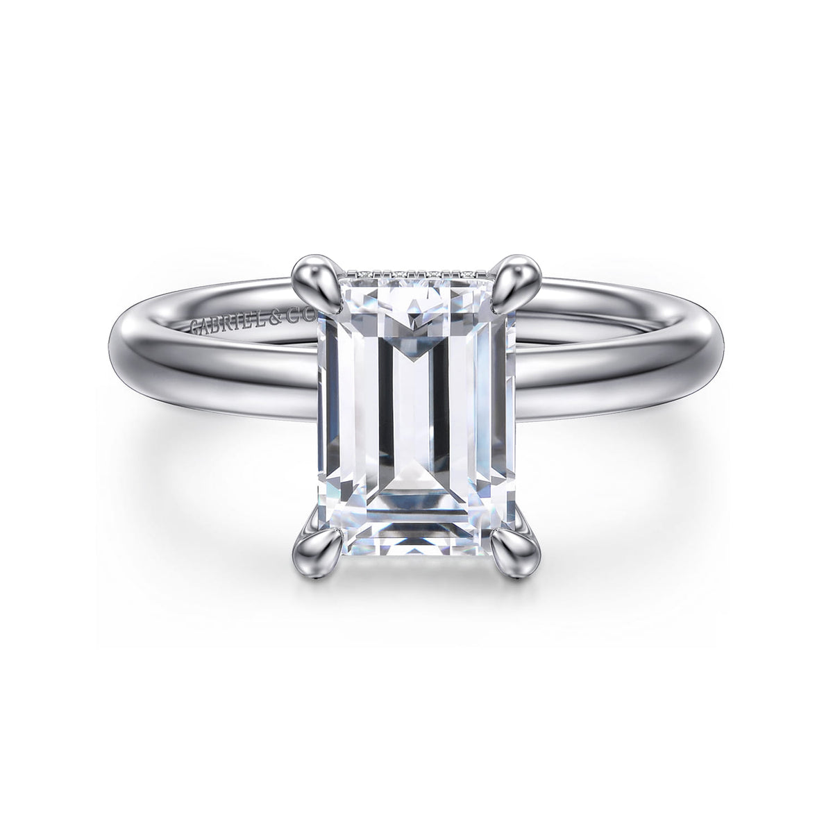 14K White Gold Emerald Cut Diamond Engagement Ring — Gabriel & Co. ER16622E8W44JJ; center stone shown for illustration, not included