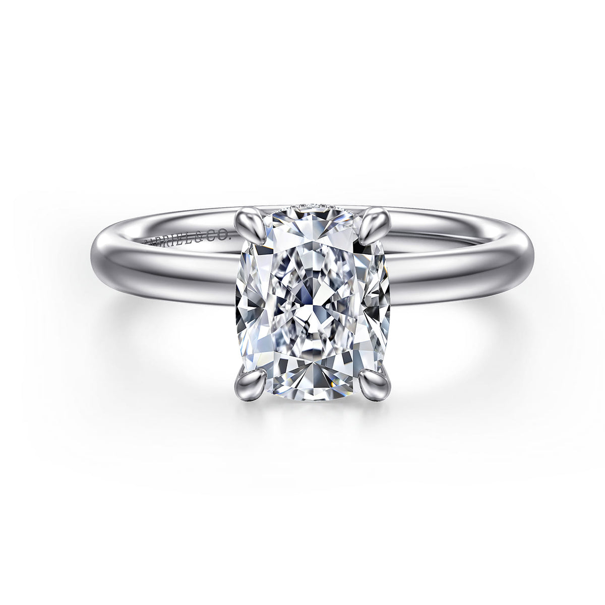 14K White Gold Elongated Cushion Diamond Engagement Ring — Gabriel & Co. ER16622G8W44JJ; center stone shown for illustration, not included