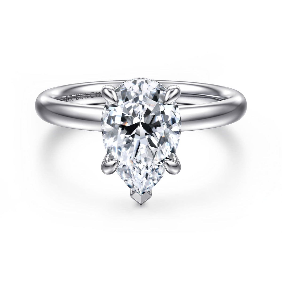 14K White Gold Pear Shape Diamond Engagement Ring — Gabriel & Co. ER16622P8W44JJ; center stone shown for illustration, not included