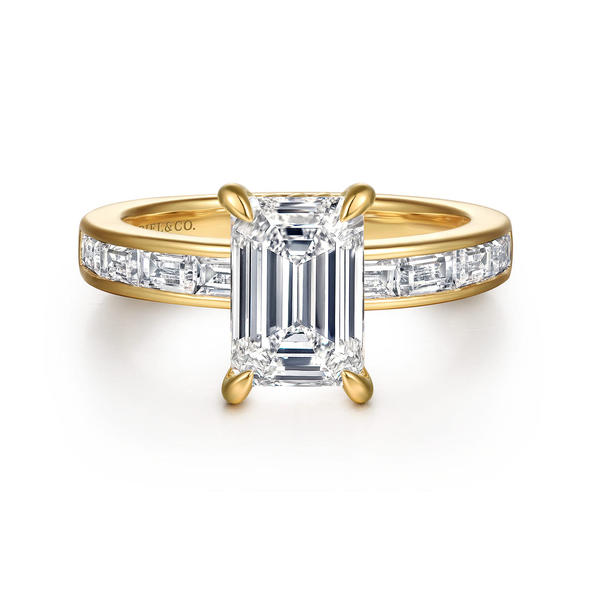 14K Yellow Gold Emerald Cut Channel Set Baguette Diamond Engagement Ring — Gabriel & Co. ER16671E8Y43JJ; center stone shown for illustration, not included