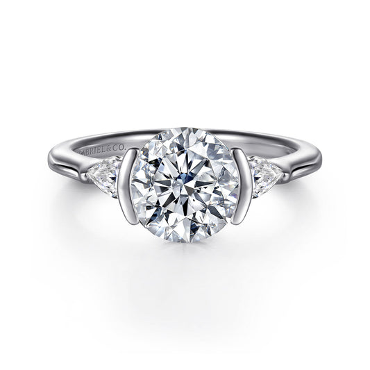 14K White Gold Half Bezel Round Three Stone Diamond Engagement Ring — Gabriel & Co. ER16685R8W44JJ; center stone shown for illustration, not included