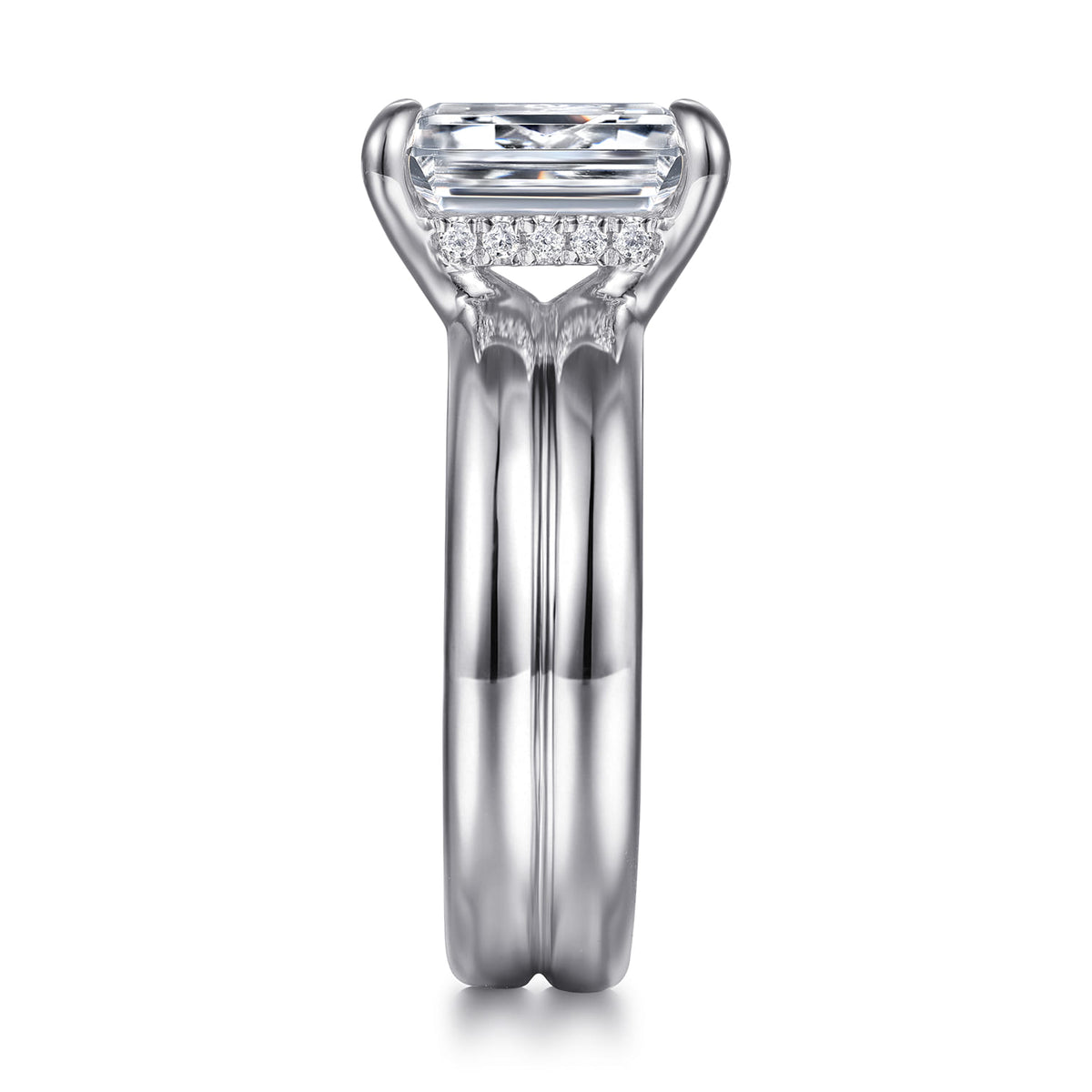 14K White Gold Emerald Cut Diamond Engagement Ring — Gabriel & Co. ER16687E12W44JJ; center stone shown for illustration, not included