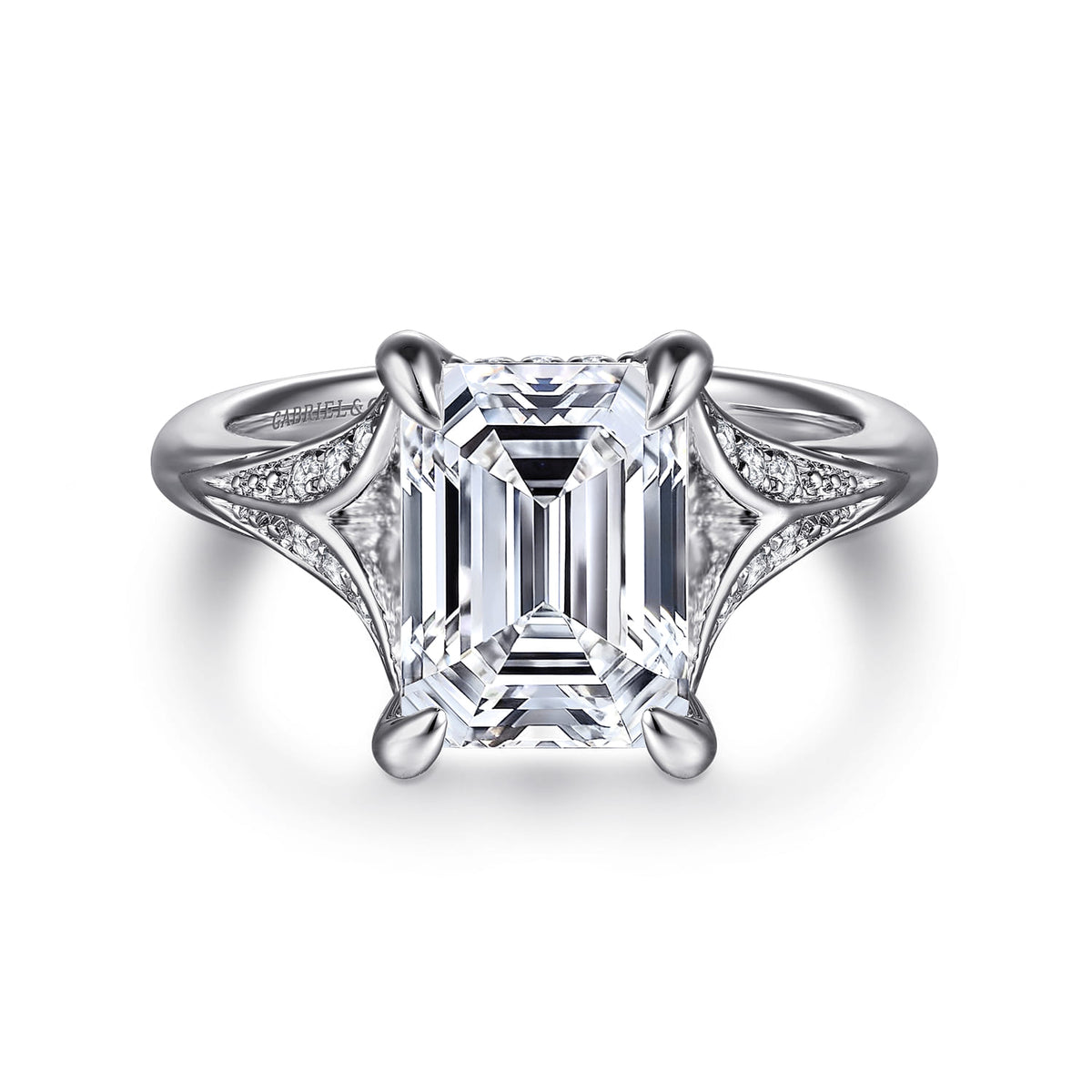 14K White Gold Split Shank Emerald Cut Diamond Engagement Ring — Gabriel & Co. ER16704E12W44JJ; center stone shown for illustration, not included