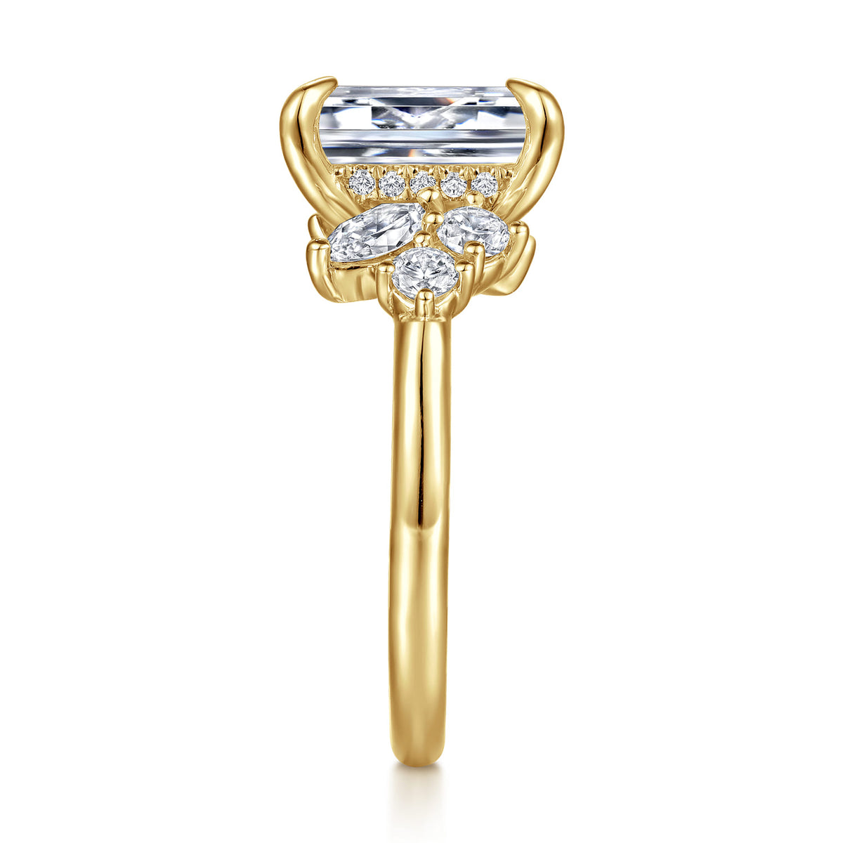 14K Yellow Gold Emerald Cut Diamond Engagement Ring — Gabriel & Co. ER16706E12Y44JJ; center stone shown for illustration, not included