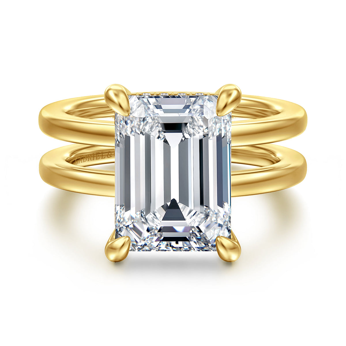 14K Yellow Gold Split Shank Emerald Cut Diamond Engagement Ring — Gabriel & Co. ER16711E20Y44JJ; center stone shown for illustration, not included