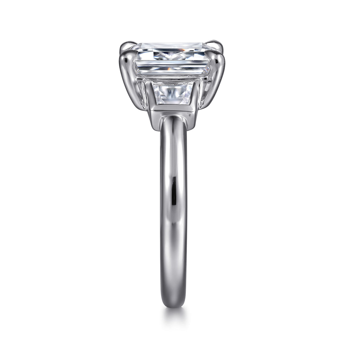 14K White Gold Radiant Cut Three Stone Diamond Engagement Ring — Gabriel & Co. ER16715N8W43JJ; center stone shown for illustration, not included