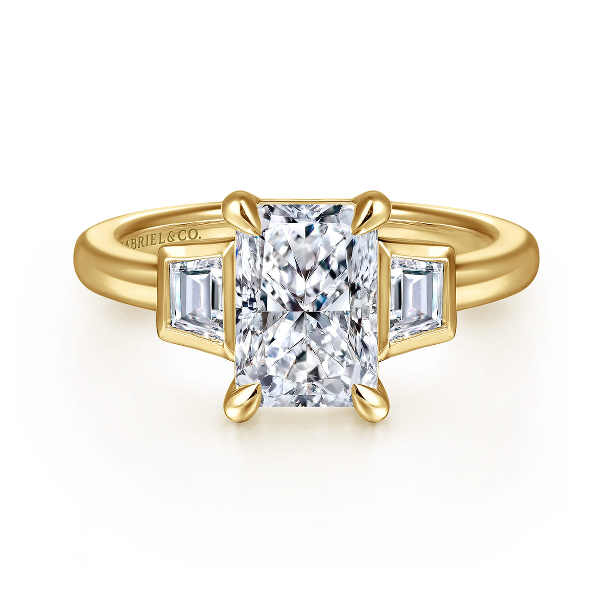14K Yellow Gold Radiant Cut Three Stone Diamond Engagement Ring — Gabriel & Co. ER16715N8Y43JJ; center stone shown for illustration, not included