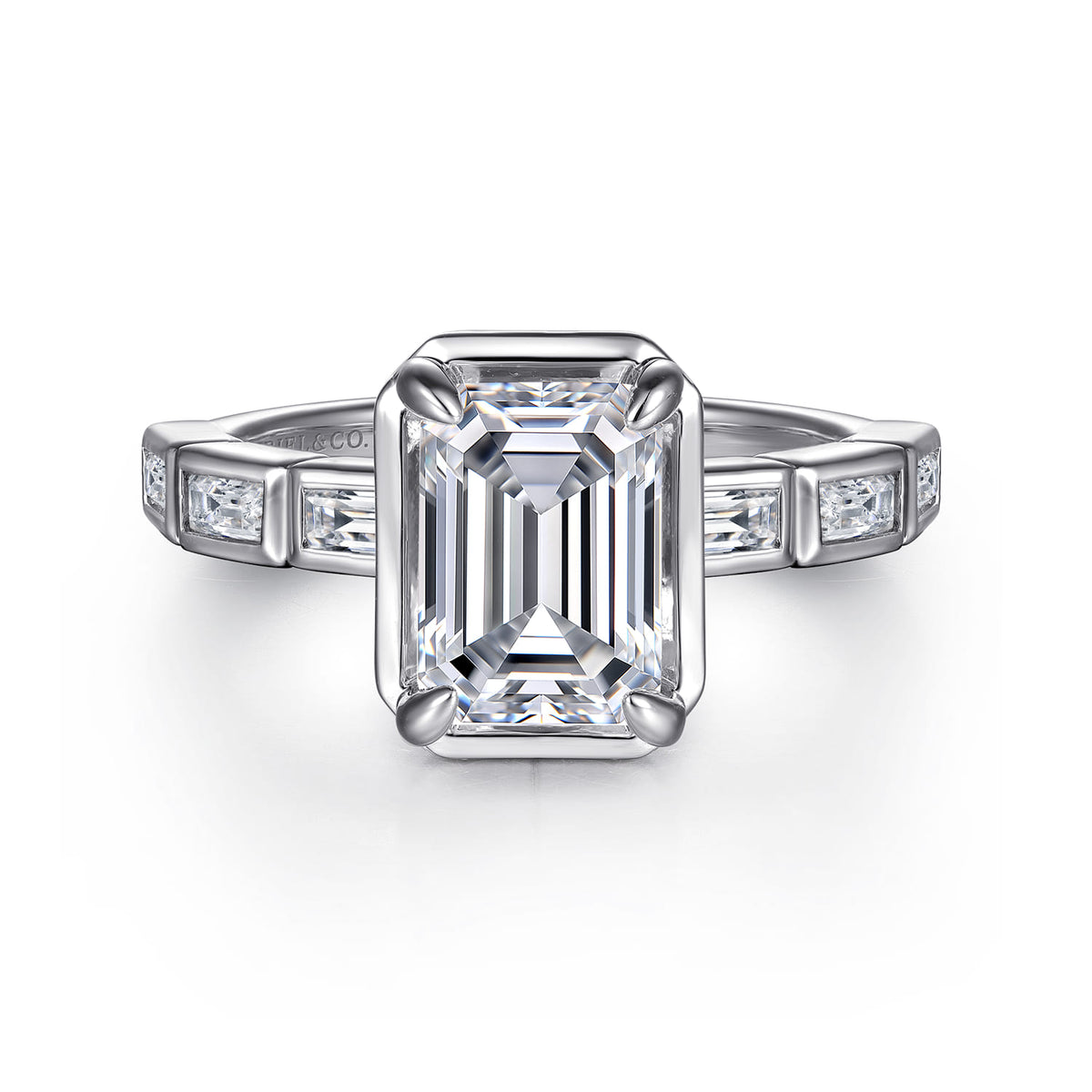 14K White Gold Emerald Cut Diamond Engagement Ring — Gabriel & Co. ER16722E8W43JJ; center stone shown for illustration, not included