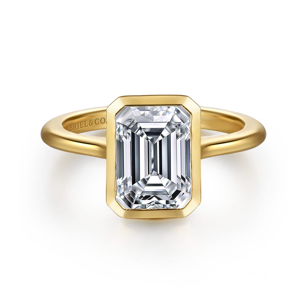 14K Yellow Gold Bezel Set Emerald Cut Solitaire Diamond Engagement Ring — Gabriel & Co. ER16728E8Y4JJJ; center stone shown for illustration, not included