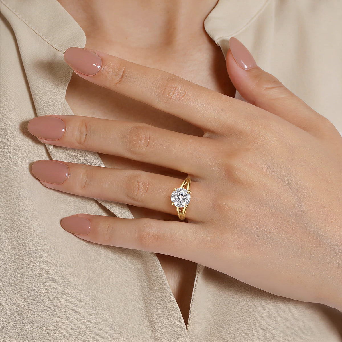 14K Yellow Gold Split Shank Round Diamond Engagement Ring — Gabriel & Co. ER16730R12Y4JJJ; center stone shown for illustration, not included