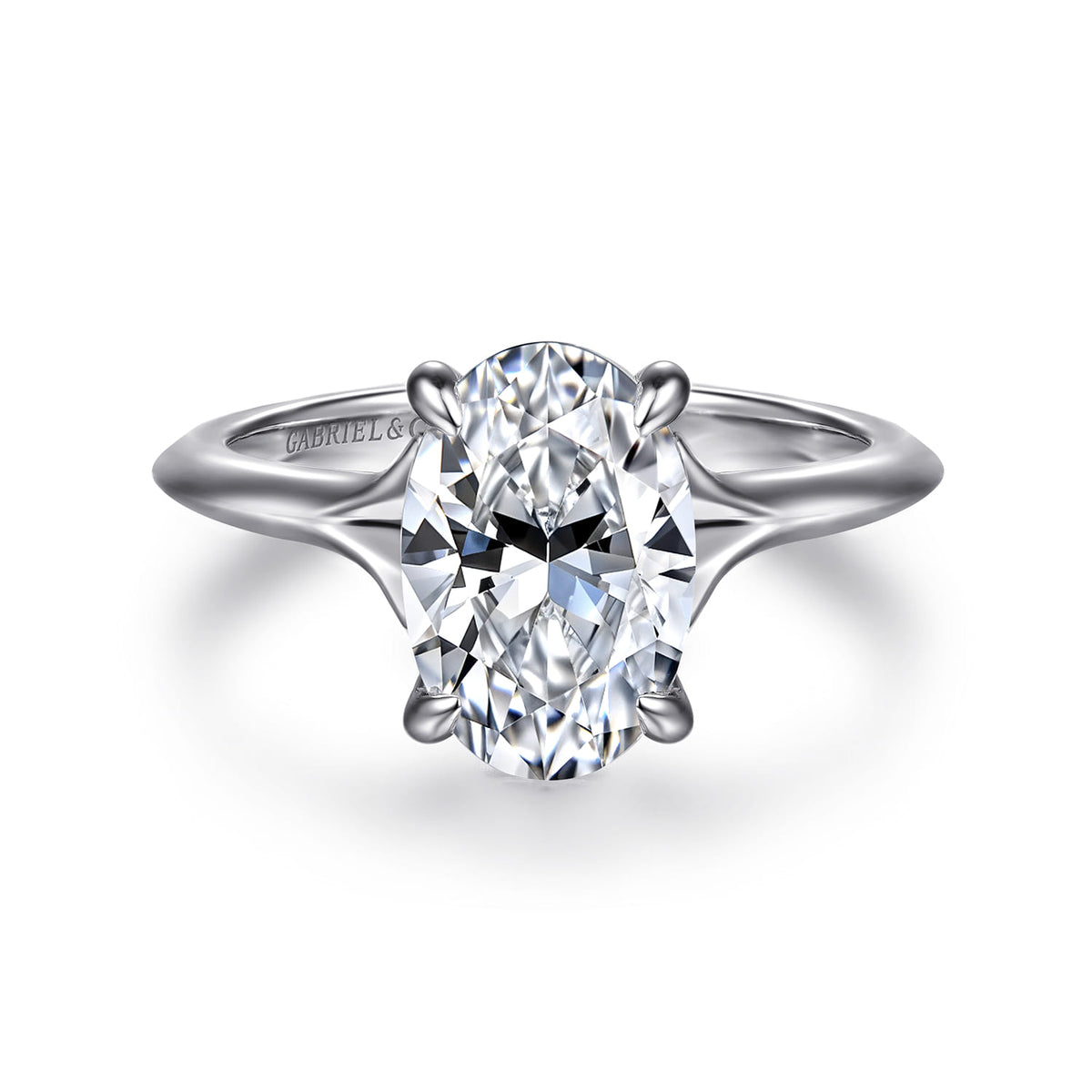 14K White Gold Split Shank Oval Diamond Engagement Ring — Gabriel & Co. ER16734O8W44JJ; center stone shown for illustration, not included