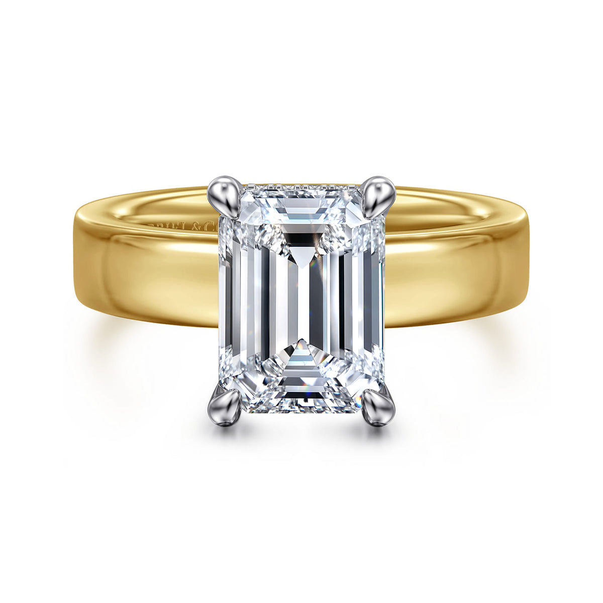 14K White-Yellow Gold Emerald Cut Solitaire Diamond Engagement Ring — Gabriel & Co. ER16854E12M44JJ; center stone shown for illustration, not included
