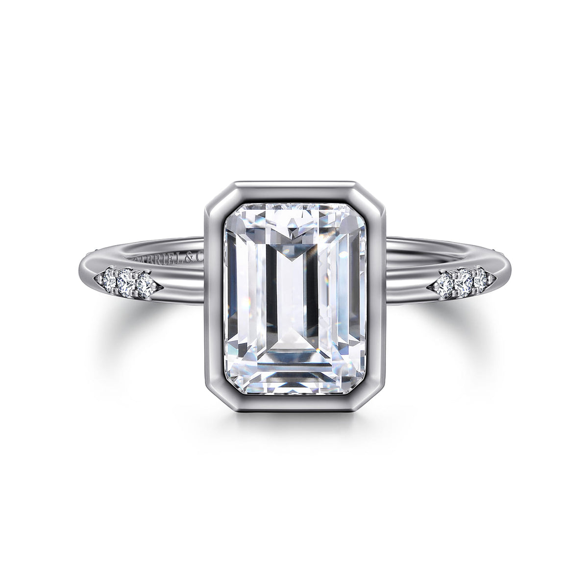 14K White Gold Bezel Set Emerald Cut Diamond Engagement Ring — Gabriel & Co. ER16857E10W44JJ; center stone shown for illustration, not included