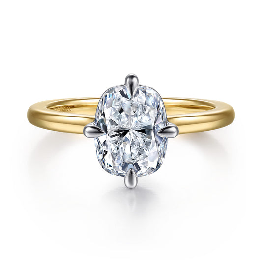 14K White-Yellow Gold Elongated Cushion Compass Prong Solitaire Diamond Engagement Ring — Gabriel & Co. ER16858G10M4JJJ; center stone shown for illustration, not included