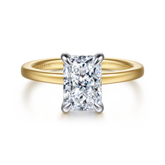 14K White-Yellow Gold Radiant Cut Diamond Engagement Ring — Gabriel & Co. ER16860N8M44JJ; center stone shown for illustration, not included