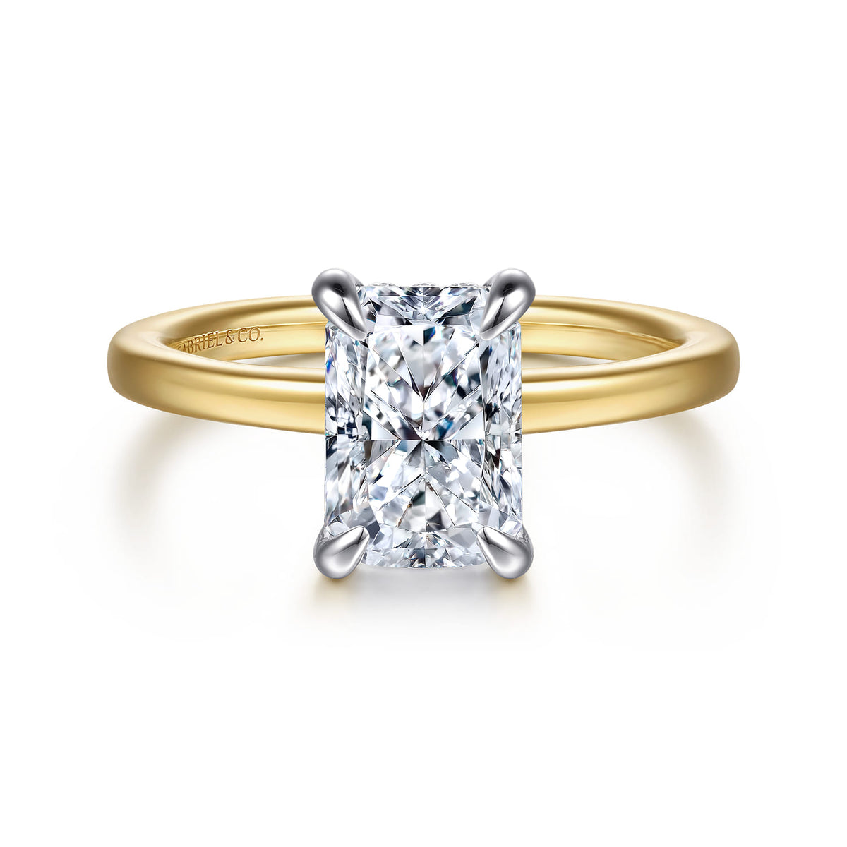 14K White-Yellow Gold Radiant Cut Diamond Engagement Ring — Gabriel & Co. ER16860N8M44JJ; center stone shown for illustration, not included
