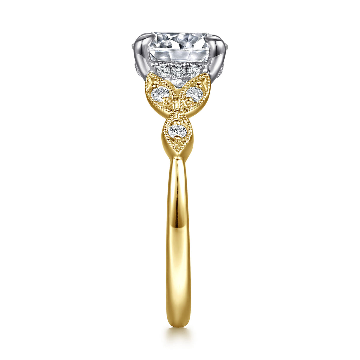Vintage Inspired 14K White-Yellow Gold Round Diamond Engagement Ring — Gabriel & Co. ER16895R8M44JJ; center stone shown for illustration, not included
