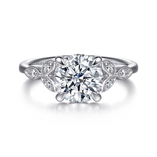 Vintage Inspired 14K White Gold Round Diamond Engagement Ring — Gabriel & Co. ER16895R8W44JJ; center stone shown for illustration, not included