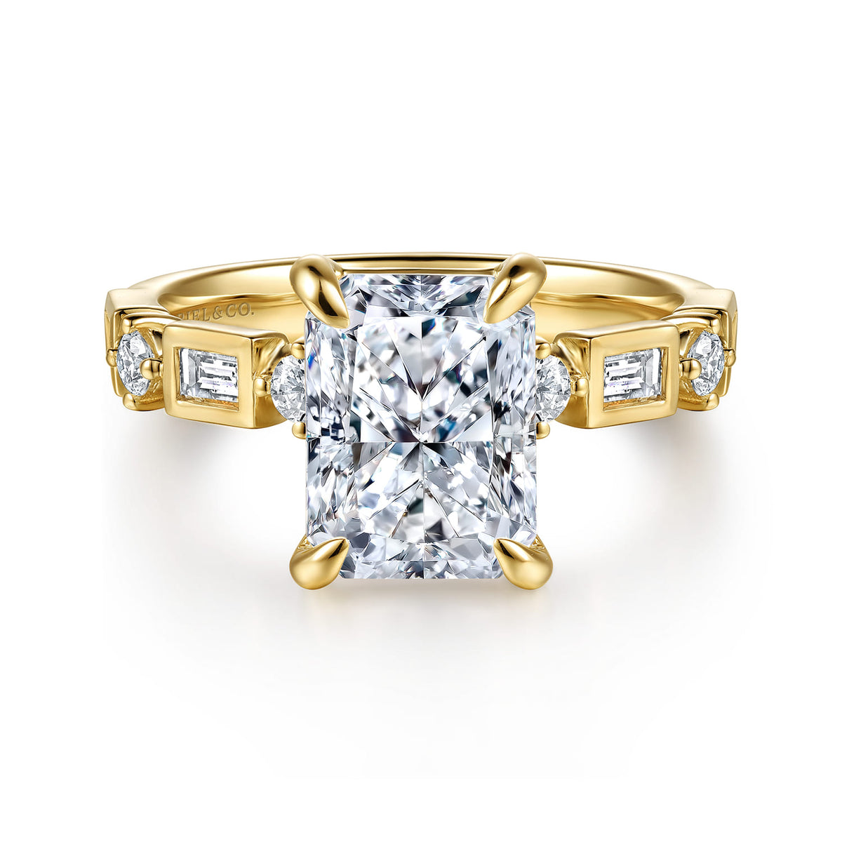 14K Yellow Gold Radiant Cut Diamond Engagement Ring — Gabriel & Co. ER16897N12Y44JJ; center stone shown for illustration, not included