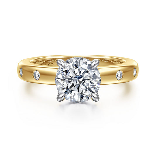 14K White-Yellow Gold Round Diamond Engagement Ring — ER16898R6M44JJ; center stone shown for illustration, not included