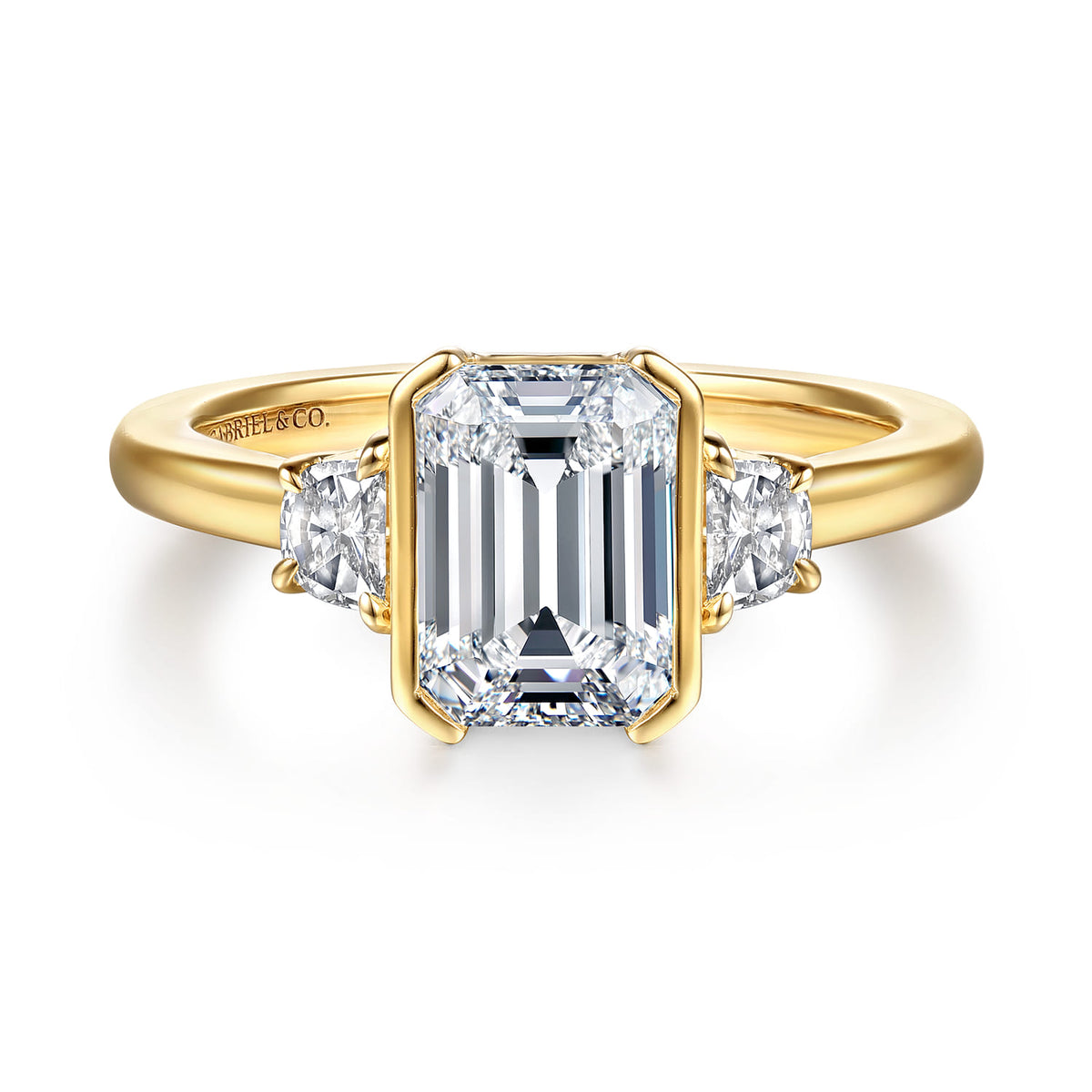 14K Yellow Gold Half Bezel Emerald Cut Three Stone Diamond Engagement Ring — Gabriel & Co. ER16908E8Y43JJ; center stone shown for illustration, not included