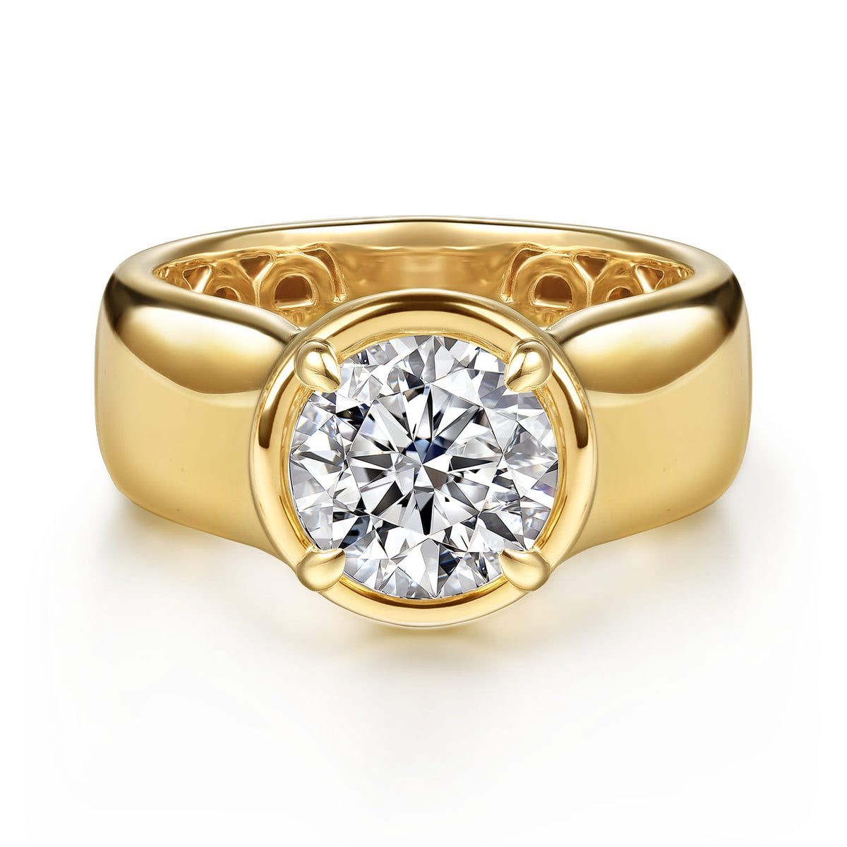 14K Yellow Gold Bezel Prong Round Wide Band Diamond Engagement Ring — Gabriel & Co. ER16914R8Y4JJJ; center stone shown for illustration, not included