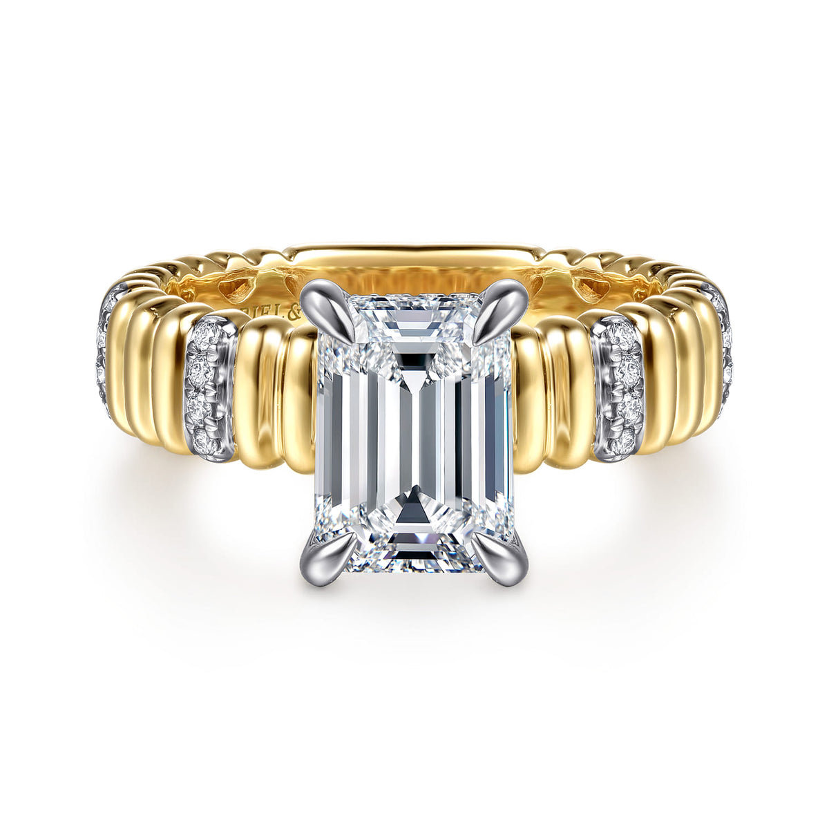 14K White-Yellow Gold Emerald Cut Diamond Engagement Ring — Gabriel & Co. ER16929E8M44JJ; center stone shown for illustration, not included