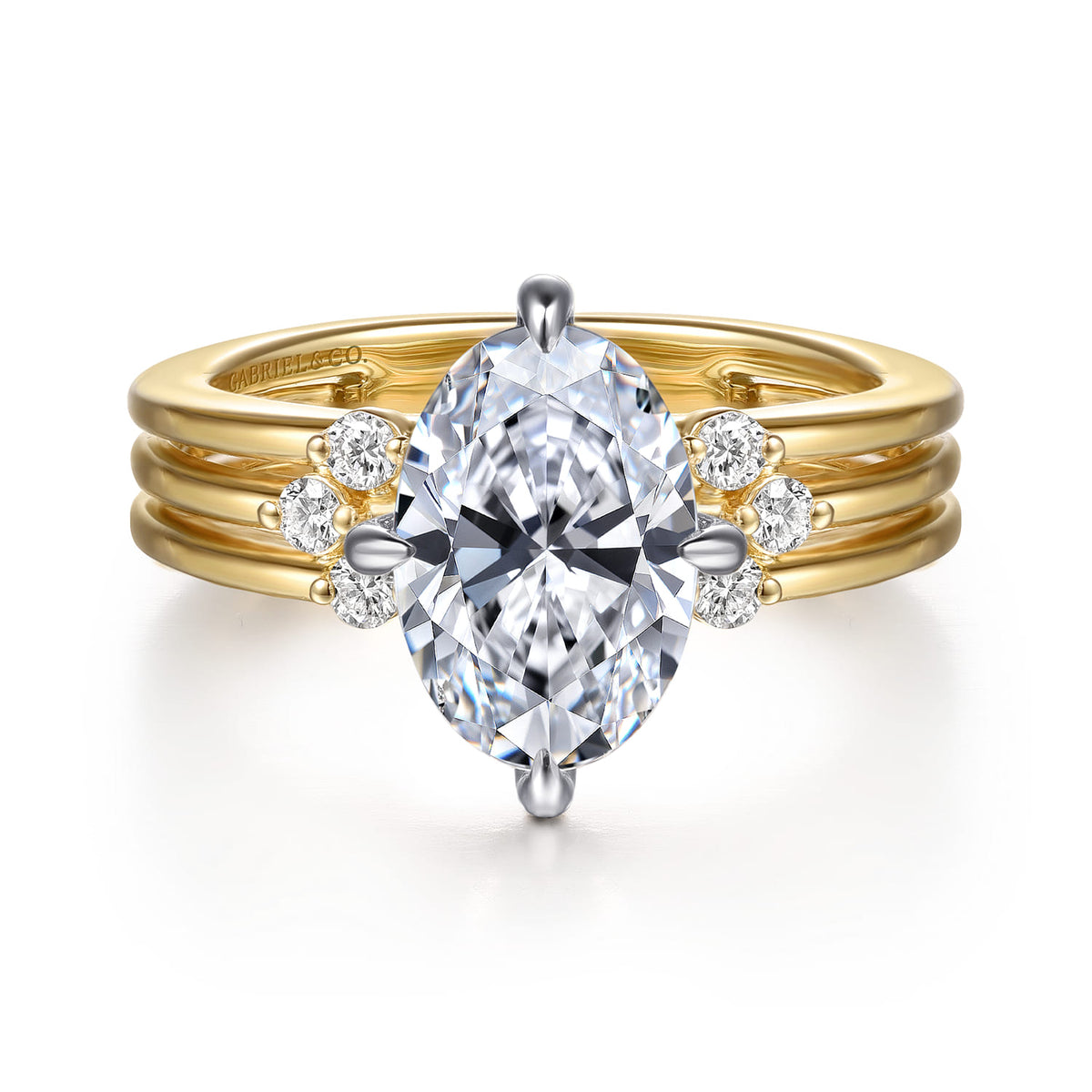 14K White-Yellow Gold Compass Prong Oval Diamond Engagement Ring — Gabriel & Co. ER16951O8M44JJ; center stone shown for illustration, not included