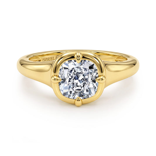 14K Yellow Gold Compass Bezel Prong Cushion Cut Solitaire Diamond Engagement Ring — ER16955C6Y4JJJ; center stone shown for illustration, not included