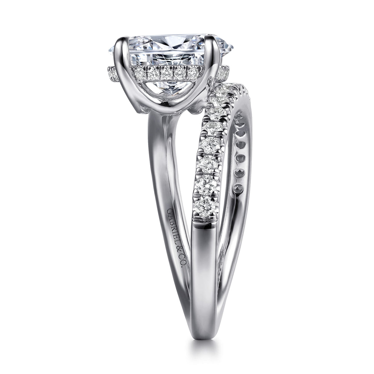 14K White Gold Split Shank Oval Diamond Engagement Ring — Gabriel & Co. ER16966O8W44JJ; center stone shown for illustration, not included
