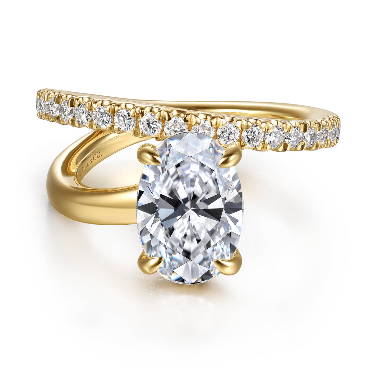 14K Yellow Gold Split Shank Oval Diamond Engagement Ring — Gabriel & Co. ER16966O8Y44JJ; center stone shown for illustration, not included
