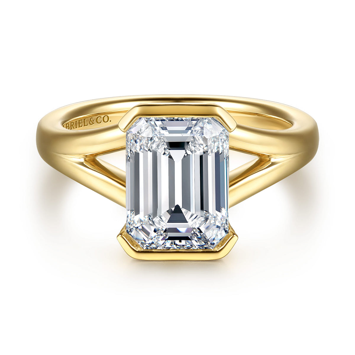 14K Yellow Gold Split Shank Half Bezel Emerald Cut Diamond Engagement Ring — Gabriel & Co. ER16969E12Y4JJJ; center stone shown for illustration, not included